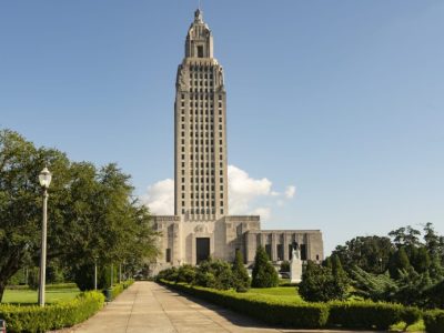 A horizontal composition of the front entrance area at the State Capital Building Baton Rouge Louisiana